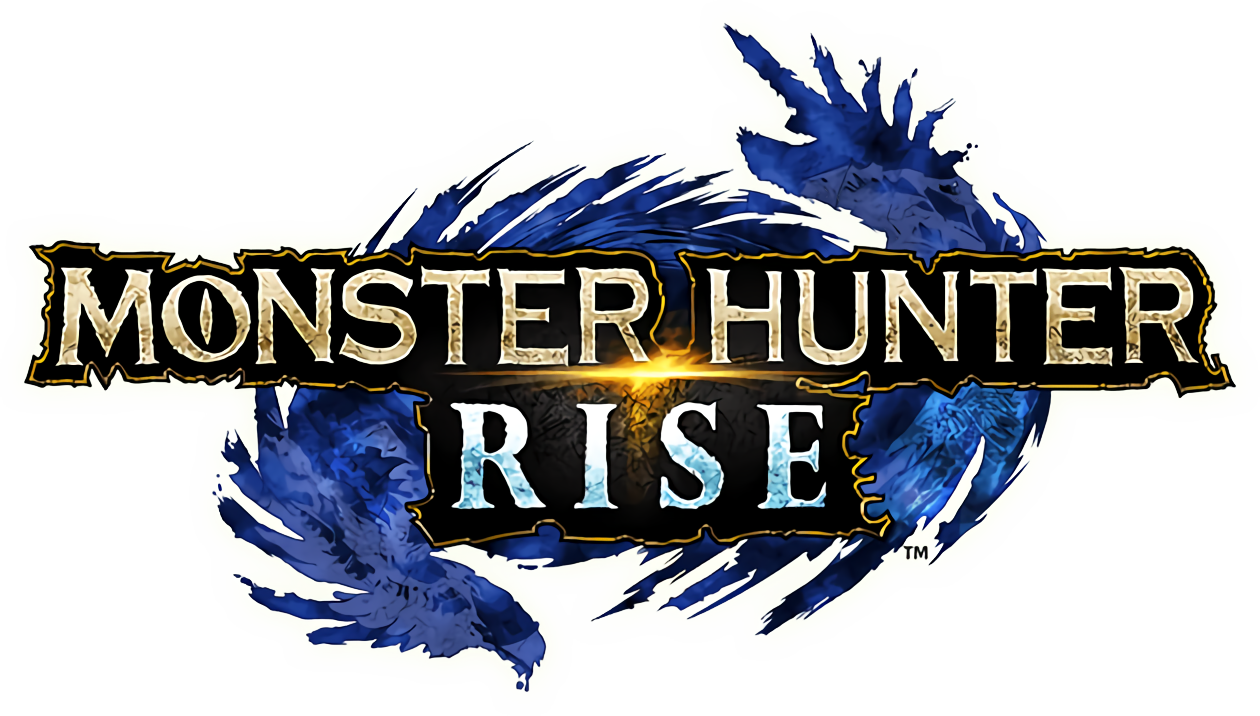 the logo for Monster Hunter Rise. it is the title layered over a blue, watercolor shape that resembles two spiked, twisting serpents